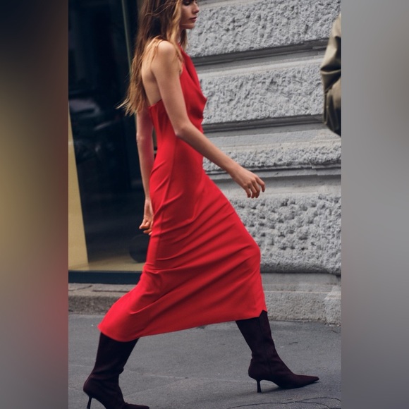 red halter dress zara Halter Neck Maxi Dress Light Blue Backless with High Slit | Plunging V-Neck Formal  Gown | Flowy A-Line Evening Prom Wedding Guest Dress
